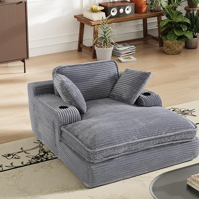 67" Chaise Lounge Chair Indoor, Cozy Oversized Fluffy Sofa with Cup Holders & Throw Pillows, Boneless Sleeper Cloud Couch for Living Room, Movie Room and Apartments, Grey