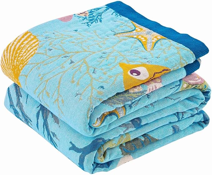Blue Boho Blanket, 50"x60" Soft Farmhouse Decorative Throw Blanket, 100% Cotton Reversible Vintage Muslin Quilt Bohemian Decor Woven Blanket All Season Blankets for Sofa Couch Chair