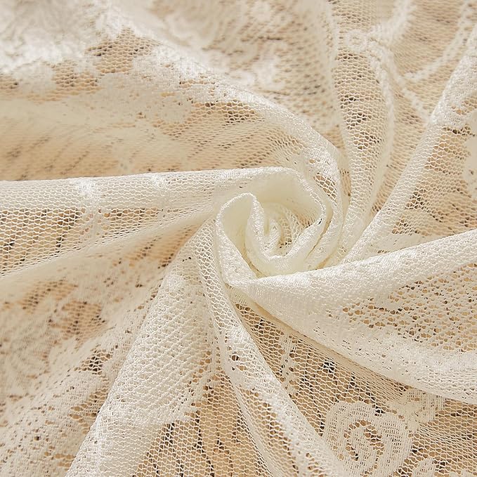 Ivory Vintage Country Floral Lace Sheer Curtains 96 Inches Long -Rod Pocket Light Filtering French Privacy Scalloped Edges Rod Pocket Boho Bedroom ，52 x 96 Inch, 2 Panels
