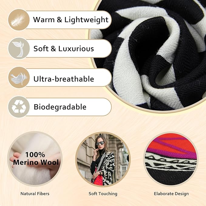 DANA XU 100% Merino Wool Extra Large Pashmina Blanket Travel Scarf Cashmere Wrap for Women Fall Winter Oversize Shawl Floral