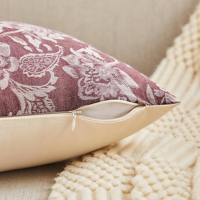 Floral Jacquard Lumbar Throw Pillow Covers Set of 2, Background/Burgundy 12x20 Inch, Farmhouse Decorative Cotton Burgundy Cushion Covers for Sofa Bed Living Room Home Decor