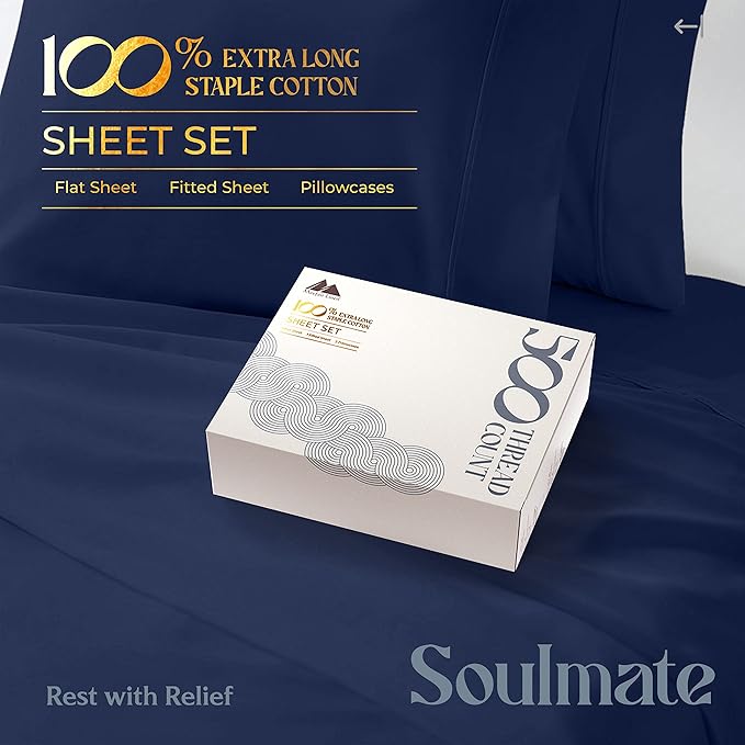 Mayfair Linen 500 Thread Count Twin Cotton Sheets - 3 PC Twin Size Bed Sheet Set Cotton (Navy Blue), Soft, Cooling, Sateen Hotel-Quality 16" Deep Pocket Bedsheet for Hot Sleepers (Fits 18" Mattress)