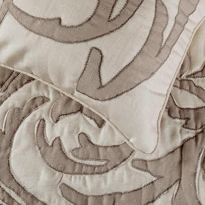 The HomeCentric Decorative Ivory & Beige CA King 86 x 18 inch Bed Runner with Pillow Cover, Linen Lurex Applique Bed Scarf, Abstract Modern - Pretty Dainty