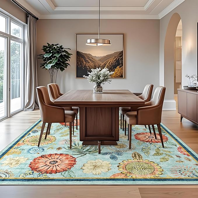 GarveeHome 10x14 Floral Washable Area Rug: Large Living Room Area Rug with Non-Slip Backing Washable Ultra Soft Bedroom Floral Carpet Indoor Stain Resistant Carpet for Dining Room 10*14 ft Light Blue