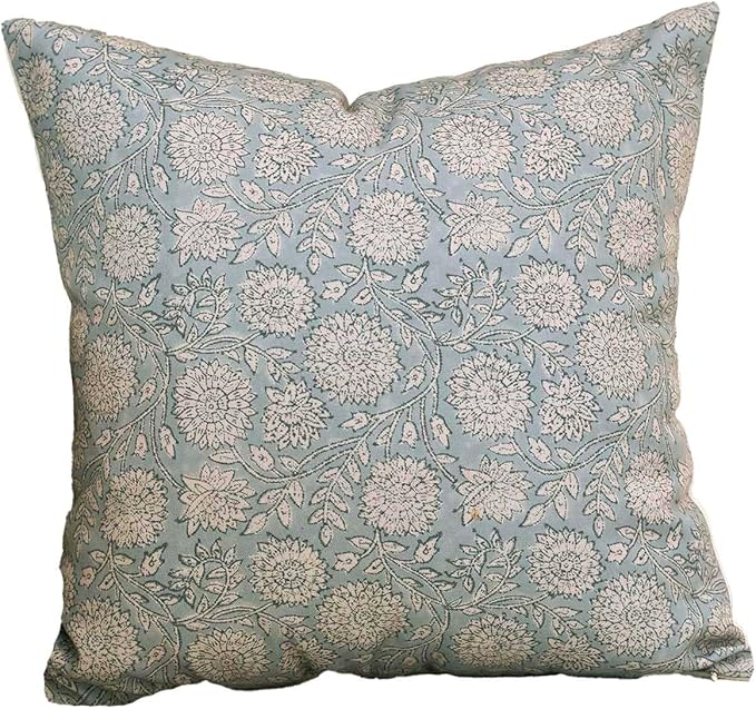 Amor Virisso Floral Throw Pillow Covers 18x18 Block Print Pillow Covers Vintage Neutral Couch Pillows for Living Room Farmhouse Decorative Accent Sofa Pillows, Light Blue