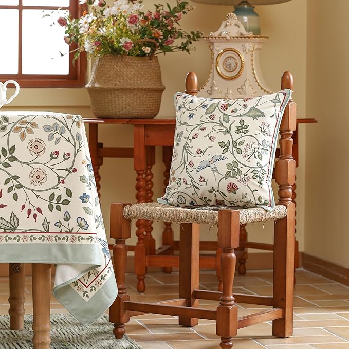 Square Throw Pillow Covers Pack of 2,Green Cozy Velvet Farmhouse with Birds and Flowers Pattern Pillowcases,Decoration Pillows Cushion Covers for Couch Sofa Bed Car Chair,18"x18"
