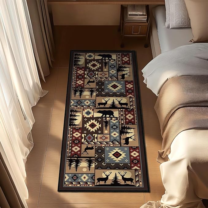 Rustic Rug 2x4,Cabin Wildlife Buffalo Plaid Bear Moose Deer Country,Ultra-Thin Throw Carpet Washable Kitchen Rug Runner Vintage Entryway Floor Mat Non Slip Indoor Door Mat for Hallway,Bedroom,Bedside
