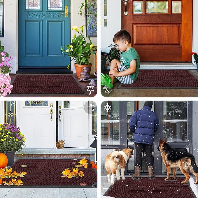 Smiry Front Door Mat Outside Entrance, Heavy Duty Sturdy Natural Rubber Doormat, Trap Dirt and Moisture, Easy Clean Low Profile Mats for Indoor Outdoor Entry, Irregular Triangle (36x24, Dark Red)
