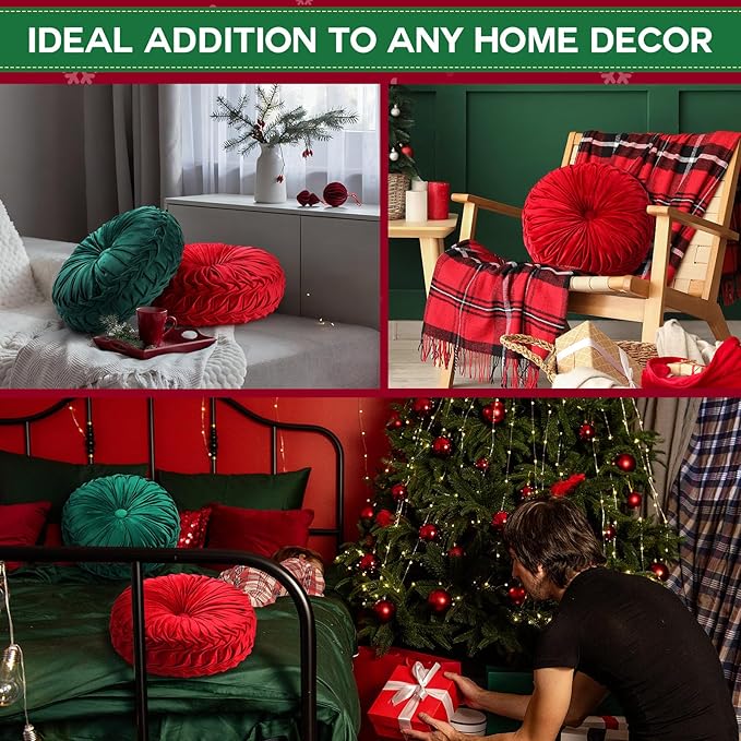 2 Pcs Round Throw Pillows 15 Inch Decorative Velvet Pleated Pumpkin Floor Boho Pillows for Living Room Couch Chair Bed Sofa (Red and Green)