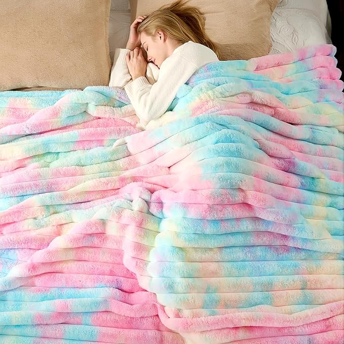 Cozy Bliss Faux Fur Throw Blanket for Couch, Cozy Warm Plush Striped Blanket for Sofa Bedroom Living Room, 90 * 90 InchesTie-dye Rainbow