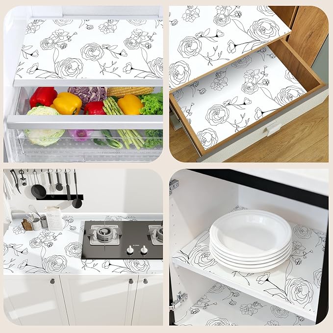 Shelf Liners for Kitchen Cabinets 12in x 20FT Non Adhesive Drawer Liner Black and White Floral Thickened Shelf Liner Paper Strong Non-Slip Easy to Clean for Tool Box with Knife and Tape Measure