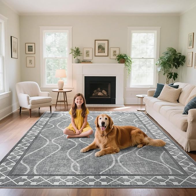 Washable Area Rug 8x10, Non-Slip Rugs for Living Room Bedroom, Low Pile Large Soft Alfombras, Modern Bordered Home Floor Rugs for Kids Playroom Office Dining Room Farmhouse, Light Grey
