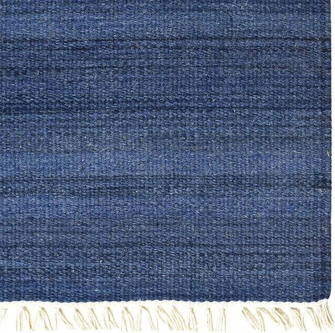 Rugsotic Carpets Hand Woven Flat Weave Kilim Wool ECO-Friendly Area Rugs - 8'x10', Rectangle Shape, Blue Color, Solid Plain Design, Low Pile Handmade Area Rugs for Living Room, Bed Room (D00111)