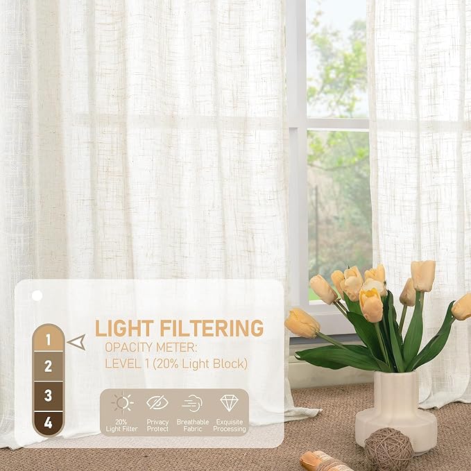 LAMIT 60 Inch Length Window Linen Curtains, Light Filtering Panels Back Tab and Rod Pocket Neutral Drapes for Bedroom/Living Room, Cream, 2 Panels, 34 x 60 Inch
