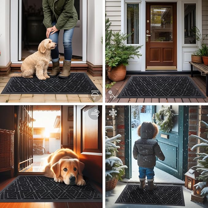 Smiry Front Door Mat Outside Entrance, Heavy Duty Sturdy Natural Rubber Doormat, Trap Dirt and Moisture, Easy Clean Low Profile Mats for Indoor Outdoor Entry, Grid Geometric (36x24, Black)