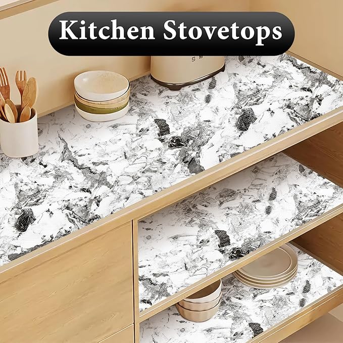 Drawer and Shelf Liner for Kitchen Cabinet: 17 in X 30 Ft Non Slip Waterproof Shelf Paper Non Adhesive Refrigerator Liners Grey and White Marble Easy Liners for Bathroom with Knife Tape Measure