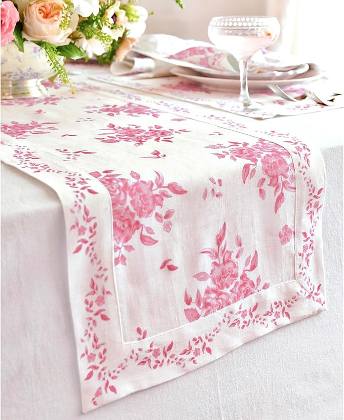 Solino Home Pink Floral Print Table Runner 36 inch - 100% Pure Linen Table Runner 14 x 36 Inch - Handcrafted and Machine Washable - Jolie Fleur Print
