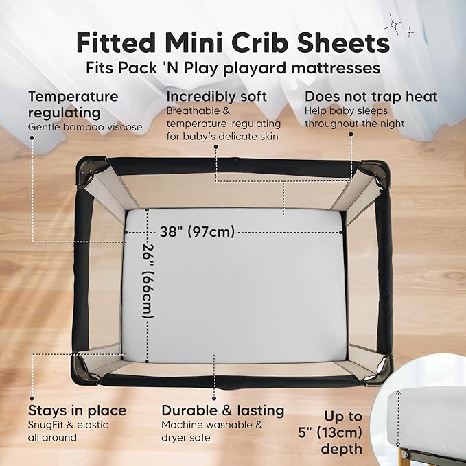 Pack and Play Sheets Fitted - 2-Pack Mini Crib Sheets for Pack N Play Mattress 38x26, Soft & Cozy, Neutral Toddler Playard Bedding, Snug Fitted Mini Baby Crib Mattress Cover Boy, Girl (French Gray)