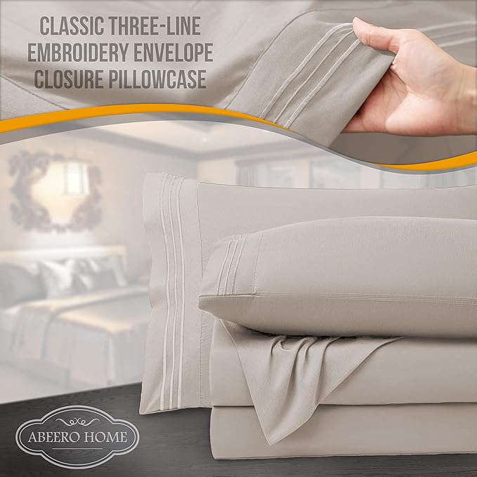 Full Size Bed Sheets Cooling - Luxury Hotel Sheet Set - Soft Sheets with Elastic Corner Straps - Deep Pocket Microfiber Bedsheets - Bedding Sheet & Pillowcases - 4 PC (Full Size, Beige)