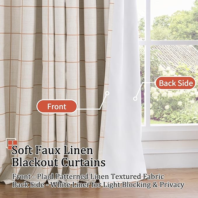 Linen Blackout Curtains for Living Room - Plaid Patterned Curtains 72 Inch Long, Boho Black Out Thermal Insulated Drapes for Bedroom Grommet Style 52x72 Inch 2 Panels, Terracotta