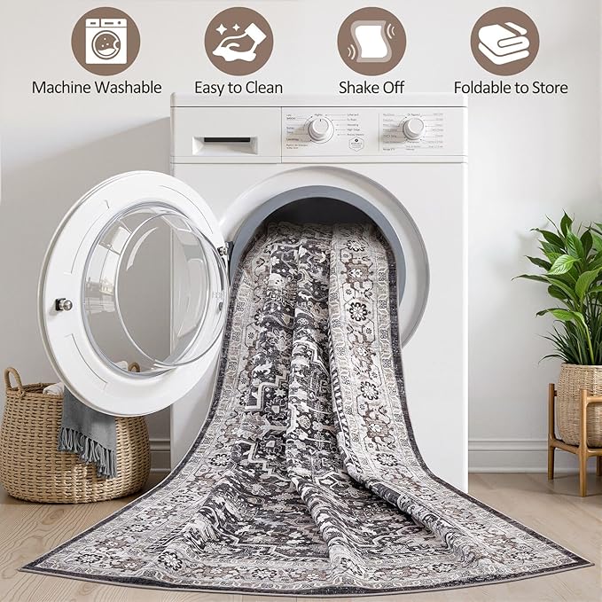 Black Rug Living Room Rugs: 8x10 Washable Boho Large Vintage Moody Soft Distressed Oriental Stain Resistant Non-Slip Indoor Floor Carpet for Bedroom Playroom Office Dining Room Retro Home House