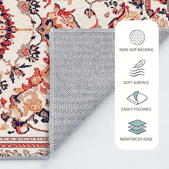 6x9 Traditional Oriental Area Rug Boho Orange White Rug Non Slip Low Pile Large Carpet for Home Kitchen Living Room Bedroom Dining Room Office