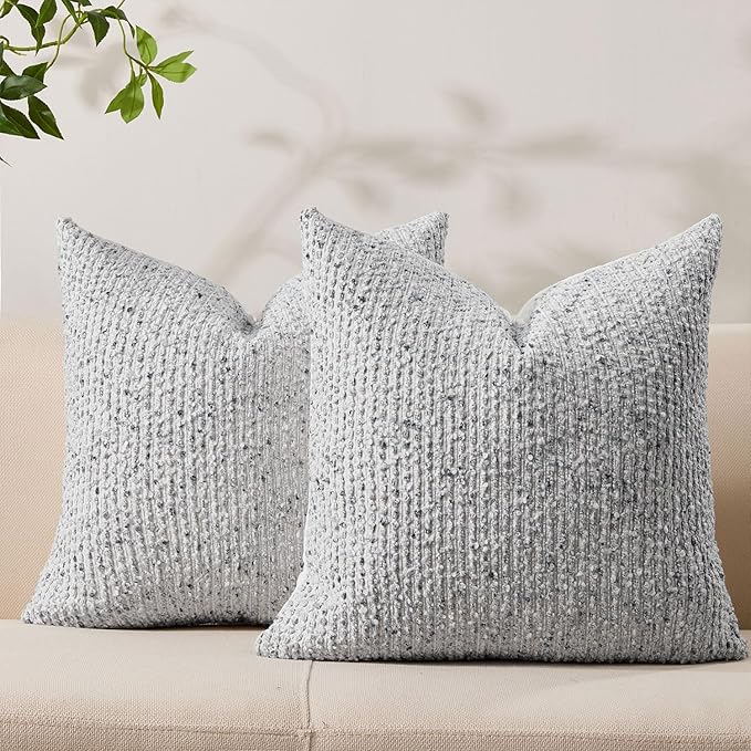 Decorative Couch Throw Pillow Covers 18x18 Set of 2 Blue Striped Soft Wool Pillow Covers Neutral Textured Boho Cushion Covers for Modern Farmhouse Sofa Bedroom Living Room Decor SY012-C18