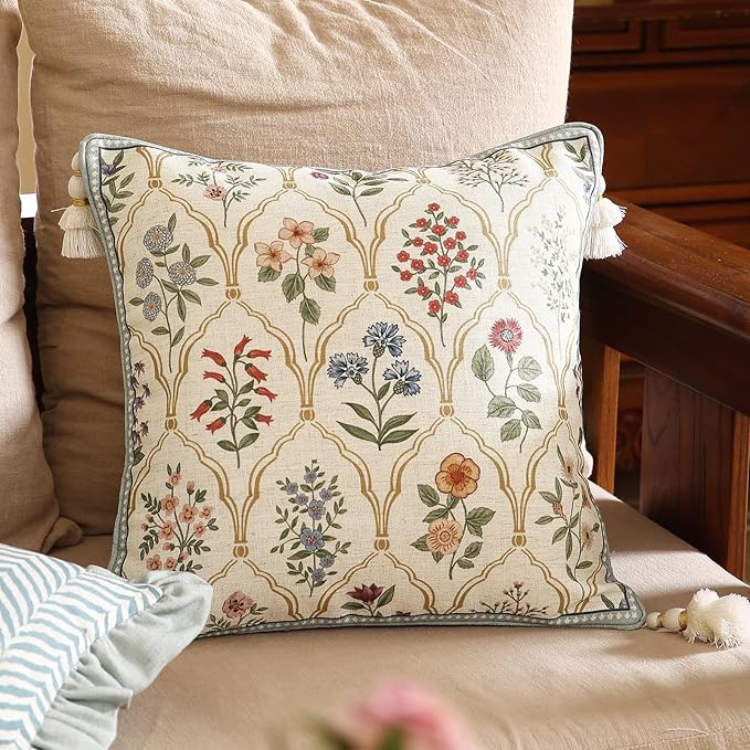 ISAENNE Design Linen Throw Pillow Covers 18"x18", Square Farmhouse Cushion Covers with Yellow Purple Watercolor Wildflower Pattern Decor Pillowcases for Bed,Living Room,Outdoor,Car