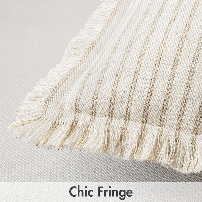MIULEE Pack of 2 Khaki Pillow Covers 26x26 Inch Striped Farmhouse Couch Throw Pillow Covers with Fringe Chic Linen Decorative Cushion Eruo Sham for Sofa Living Room Bed Outdoor Home Decor