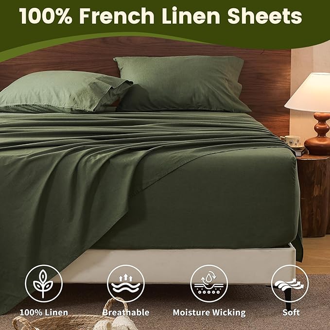 100% Linen Sheet Set Cal King Size Extra Deep Pocket Fits 18-24 Inch Mattress, Breathable & Soft, Smooth 4-Piece Set for Thick Mattresses Hotel Luxury Bedding（Cal King, Forest Green）