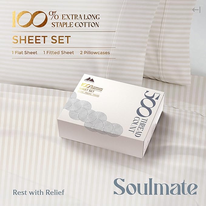Mayfair Linen 100% Cotton Striped Sheets Full Size Bed Set - 500 Thread Count Damask Sheets Full Size 4 PC Set (Beige Stripe), Soft, Cooling, Sateen Weave Hotel-Quality 16" Deep Pocket Bedsheet