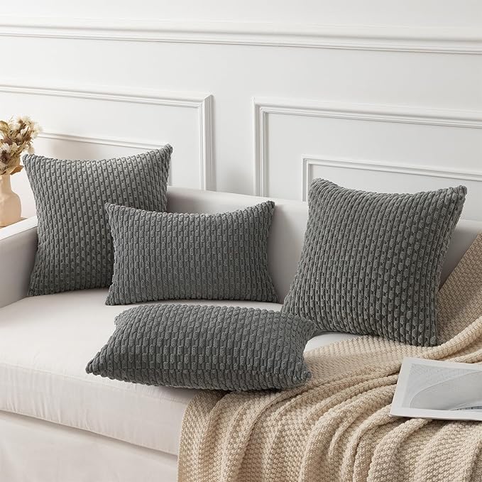 Kevin Textile 12x24 Inch Pillow Cover 1 Pack Boho Decorative Soft Striped Corduroy Lumbar Farmhouse Accent Rectangle Cushion Case for Living Room Couch Sofa Bed, Dark Grey