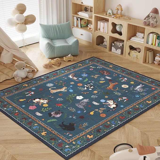 Rugcomf Area Rug 4x6 Rug Washable Boho Rugs Non Slip Low Pile Floral Animal Cat Small Carpet for Bedroom Bedside Kids Room Office Dining Room, Pearl Gentian Blue
