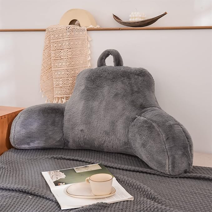 Aimuan Reading Pillow Bed Rest Pillow with Arms Rabbit Fur Cushion for Adults Teens Incline Rest Sitting up & Sleeping Snoring Pillow with Pregnancy Lumbar Back Support (Standard, Grey)