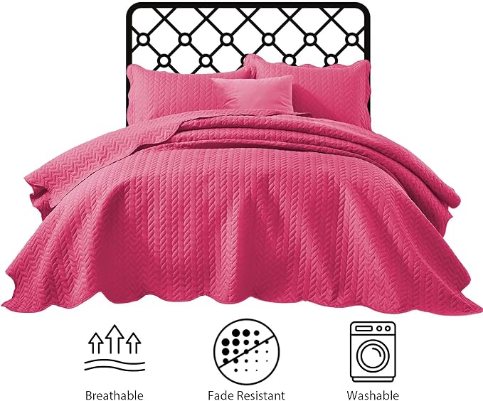 IR Imperial Rooms California King Quilt Bedding Set Size (118"x106") + 2 Pillow Shams (20" x 36"+ 2") - 3 Pcs All Season Reversible Microfiber Coverlet Embossed Quilt Bedspread (Pink)
