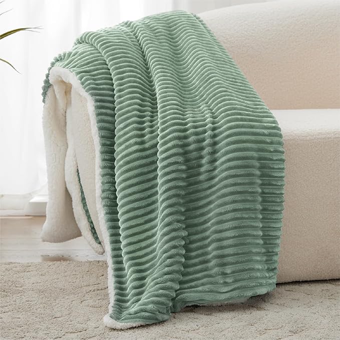Sherpa Throw Blanket for Couch - Super Soft & Thick, Green Throw Blanket, Warm Blankets for Winter, Fluffy Blanket for Sofa Bed, Striped Fleece, Sage, 50"x60"