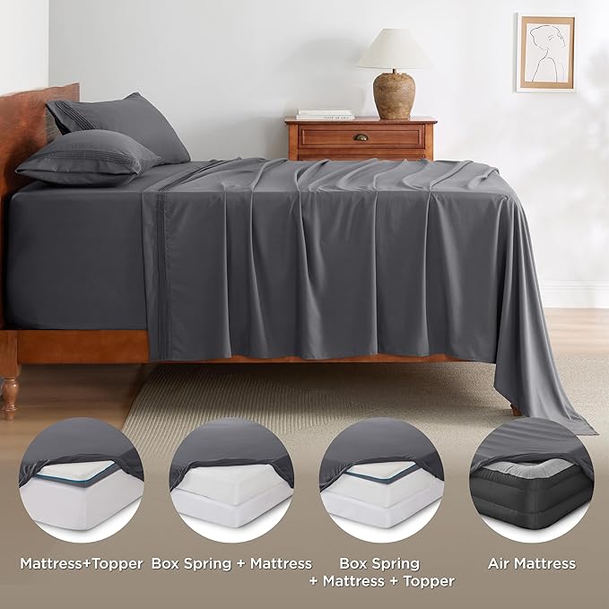Bedsure Deep Pocket Twin Sheets Set - Fits Mattresses Up to 21 Inches Thick -3 Piece GentleSoft Bed Sheets, Moisture Wicking, Soft & Cooling Bedsheet & Pillowcases, Easy & Secure Fit, Dark Grey