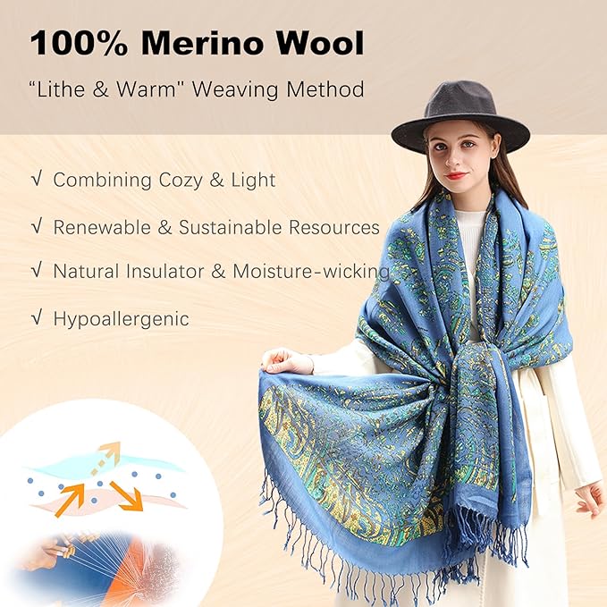 DANA XU 100% Merino Wool Pashmina Shawl for Women 96"x43", Oversized Cashmere Wrap with Tassels, Floral Travel Blanket Cape