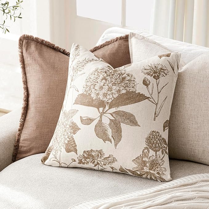 Foindtower Set of 2 Linen Floral Throw Pillow Covers Neutral Vintage Print Decorative Cushion Covers Farmhouse Boho Home Decor for Sofa Chair Couch Bedroom Living Room,22×22 Inch,Light Brown