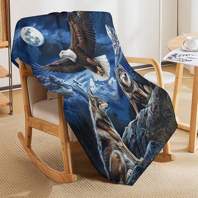 Bald Eagle Wolf Throw Blanket Wild Animal Print Blankets Gifts Couch Sofa Bed Stuff Decor Soft Cozy Lightweight Flannel Bedding for Lover 40"x50"