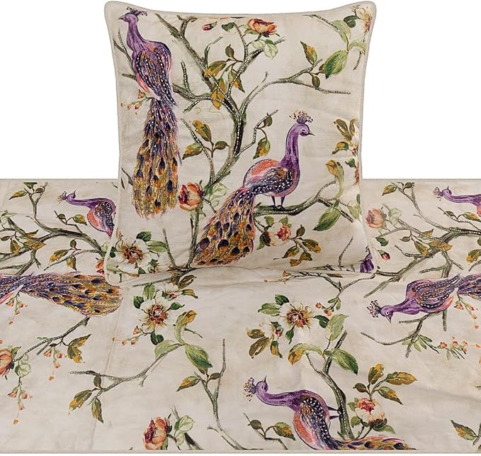 The HomeCentric King Queen Twin Ivory & Multicolor Decorative Queen 74"x18" Bed Runner with Pillow Cover, Peacock Bed Scarf on Cotton Printed with Beads Fabric - Peacock Queen