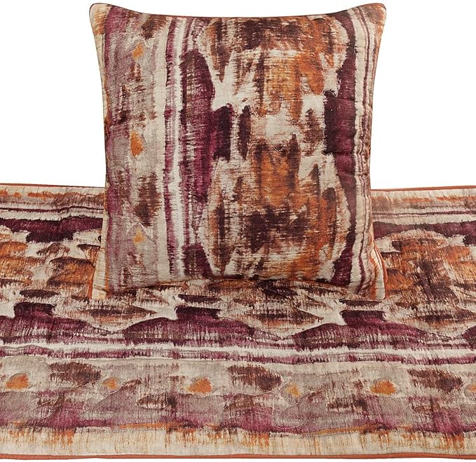 The HomeCentric King Queen Twin Pink & Orange Designer Queen 74"x18" Bed Runner with Pillow Cover, Ikat & Quilted Bed Scarf on Cotton Printed Fabric - Ikat Splash