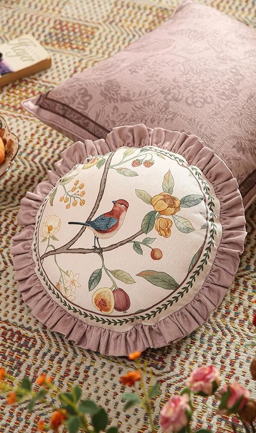 Pink Farmhouse Round Throw Pillow Covers, Birds and Flowers Pattern Cozy Velvet Pillowcases,Decoration Pillows Cushion Covers for Couch Sofa Bed Car Chair,Diameter 16"