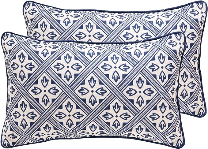patdrea Designer Throw Pillow Covers Set of 2,Chinoiserie Blue Elegant Linen with Striped Floral Pattern Pillow Cover,Decorative Lumbar Pillowcases Cushion for Bed Living Room Outdoor Car,12"x20"