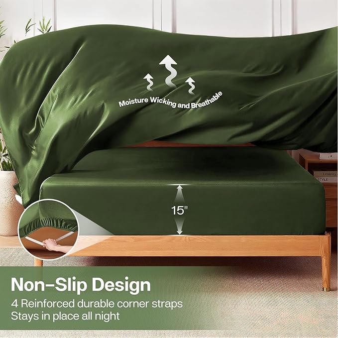 MR&HM King Fitted Sheet Only, Ultra-Soft Rayon Derived from Bamboo & Polyester Blend, Silky & Breathable, 15" Deep Pocket with Elastic Straps, Cooling Fitted Sheet for Hot Sleepers, Olive Green