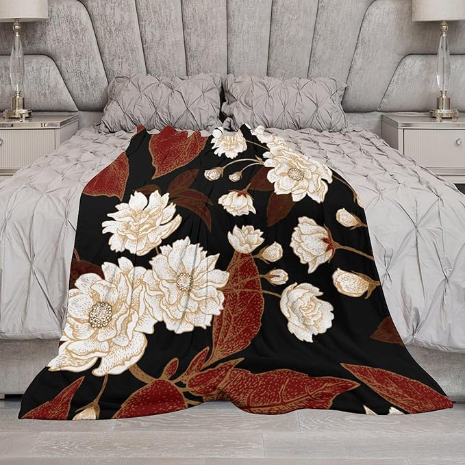 Red Gold Floral Blanket, Boho Dark Flower Leaves Chinese Plum Blossoms Botanical Vintage Throw Blanket for Bed Living Room Bedding Couch Soft Lightweight Warm Cozy Decor, 30"x40"