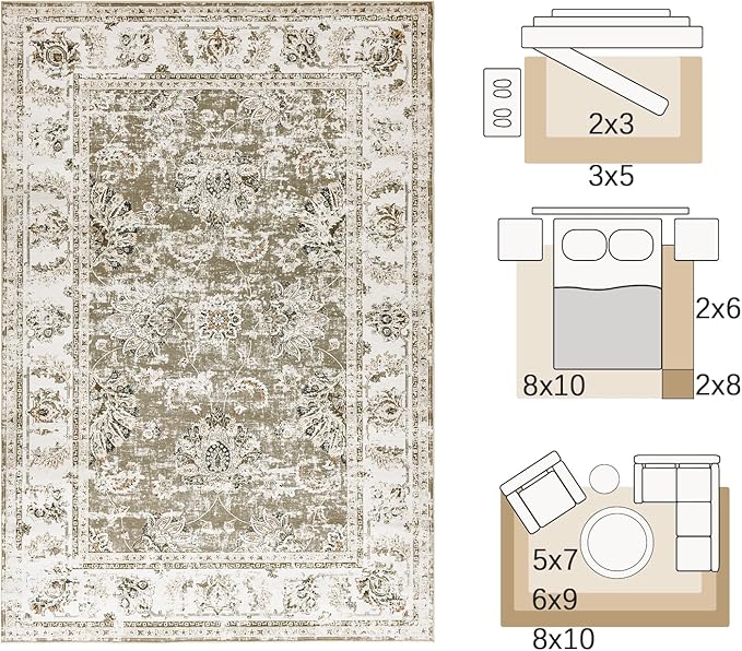 jinchan Fiora 10x12 Area Rug for Living Room - Machine Washable Vintage Floral Distressed Design Stain Resistant Carpet Low Pile Non-Slip Large Rug for Bedroom Dining Room Home Office (10‘x12', Taupe)