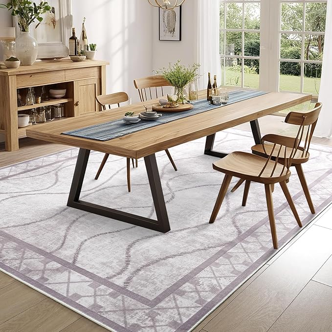Area Rugs 6x9 Washable Rug, Non-Slip Rugs for Living Room, Low Pile Bordered Rugs Alfombras, Large Print Rubber Backing Indoor Carpet for Home Decor Bedroom Nursery Dining Room, Purple