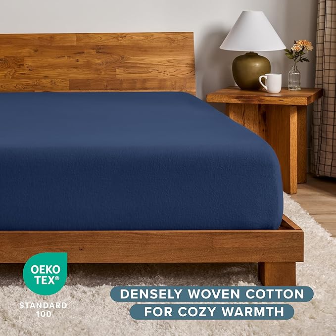 Bare Home 2 Fitted Bottom Sheets 100% Cotton Velvet Flannel (2-Pack) - Extra Soft Heavweight - Double Brushed Flannel - Deep Pocket (Queen, Dark Blue)