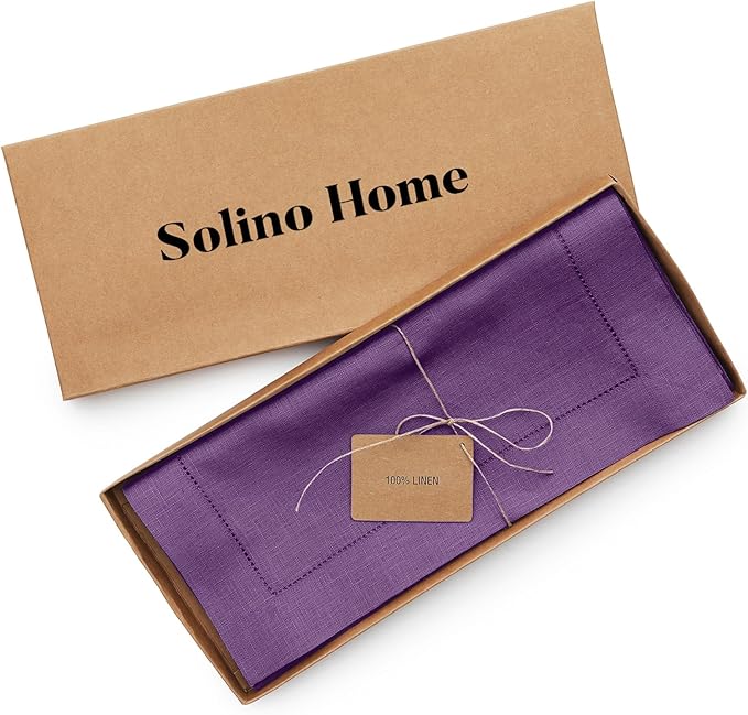 Solino Home Linen Purple Table Runner 132 Inches Long - 100% Pure Linen Extra Long Table Runner 14 x 132 Inch for Christmas, New Year - Classic Hemstitch